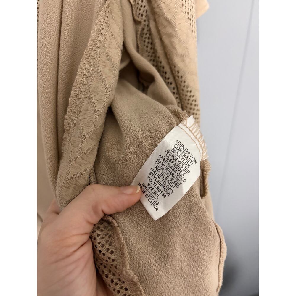 Umgee Tan Lace Mesh Open Ruffle Short Sleeve Boho Western Kimono Cardigan M/L - Picture 4 of 7